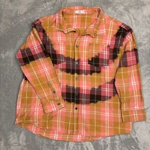 Pink Mustard Plaid Bleached Oversized Flannel Button Up S Boho Grunge Lagenlook